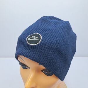 Vintage Nike Beanie Hat Navy Blue Ribbed Knit Y2K Swoosh Logo